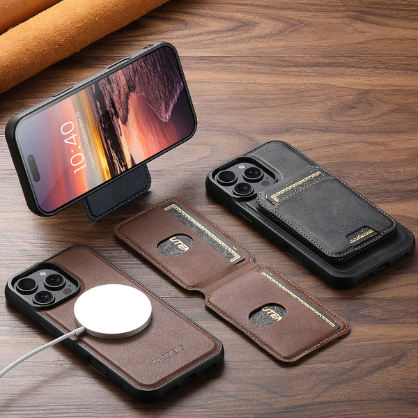 SUTENI Wireless Charging Magnet PU Leather Phone Case Card Holder Stand For iPhone 17 Pro Max 16 Plus 15 Pro 13 12