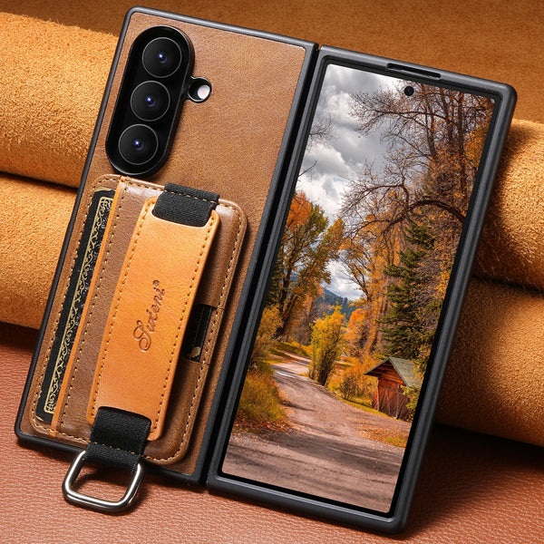 SUTENI Phone Case Wrist Strap Ring Buckle Faux Leather Card Holder Stand For Samsung Galaxy Z Fold 7 6 5