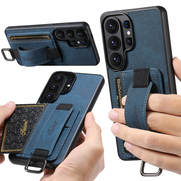 SUTENI Faux Leather Phone Case Wrist Strap Ring Buckle Card Holder Stand For Samsung Galaxy S26 Ultra S25 Plus S24 S23