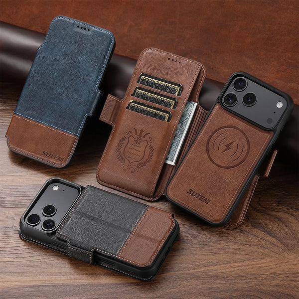 SUTENI 2 in 1 Detachable Magnetic Leather Case for iPhone 17 Pro Max 12 13 Pro 14 15 16 Plus 17 Air Wireless Charging Flip Cover