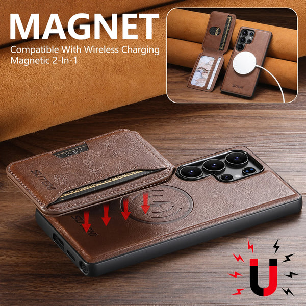 SUTENI Magnet Wireless Charging Luxury Faux Leather Phone Case Card Holder Stand For Samsung Galaxy S26 Ultra S25 S24 S23 S22