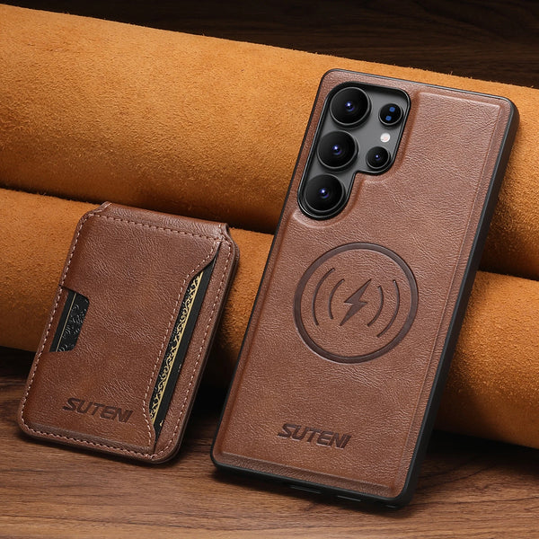 SUTENI Magnet Wireless Charging Luxury Faux Leather Phone Case Card Holder Stand For Samsung Galaxy S26 Ultra S25 S24 S23 S22