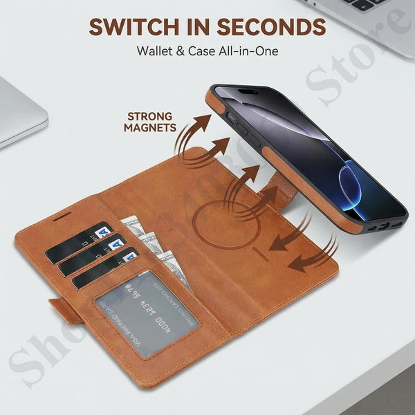 2 in 1 Leather Wallet  Flip Case for IPhone 17 Air Promax 16 Pro Max 15 Plus 14 Pm 13 12 Magsafe Card Slots Holder Phone Cover