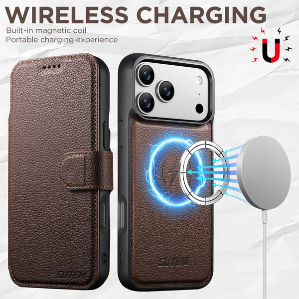SUTENI Faux Leather Wireless Charging Card Holder Stand Wallet Magnetic Flip Cover Phone Case For iPhone 17 Pro Max 16 15 14 13