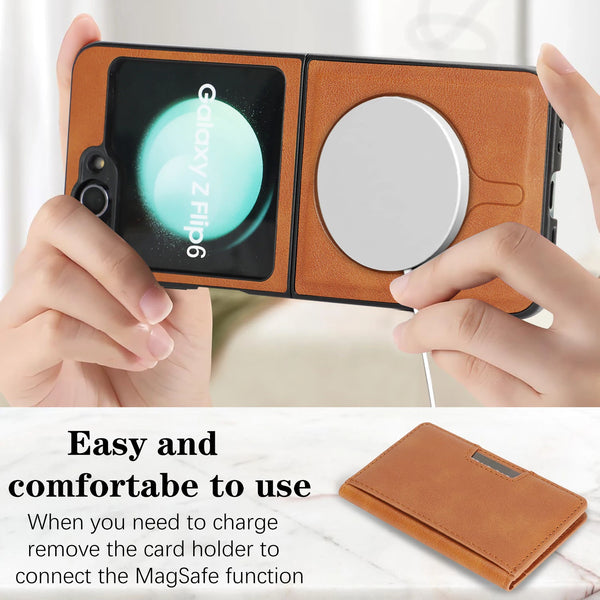 2 in 1 Leather Case For Samsung Galaxy Z Flip 7 6 5 4 3 Fe Flip7 Flip6 Flip5 Wrieless Charging Magnetic Cards Slot Phone Cover