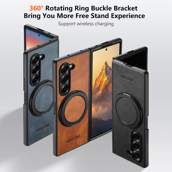 SUTENI Magnet Wireless Charging Phone Case Oil Wax Faux Leather 360° Rotating Stand Buckle For Samsung Galaxy Z Fold 7 6 5
