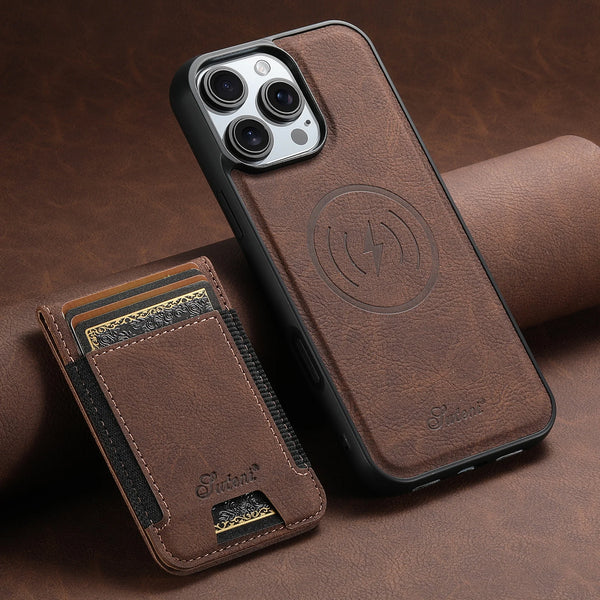 SUTENI Magnet Wireless Charging Card Holder Stand Luxury Faux Leather Phone Case For iPhone 17 Pro Max 16 Plus 15 14 13 12
