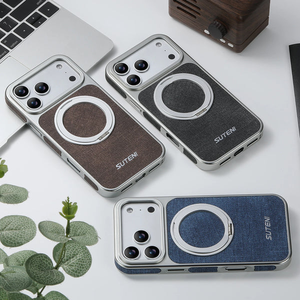 SUTENI Faux Leather Magnet Wireless Charging Phone Case 360° Rotating Stand Ring Buckle Frosted Feel For iPhone 17 Pro Max 16 15