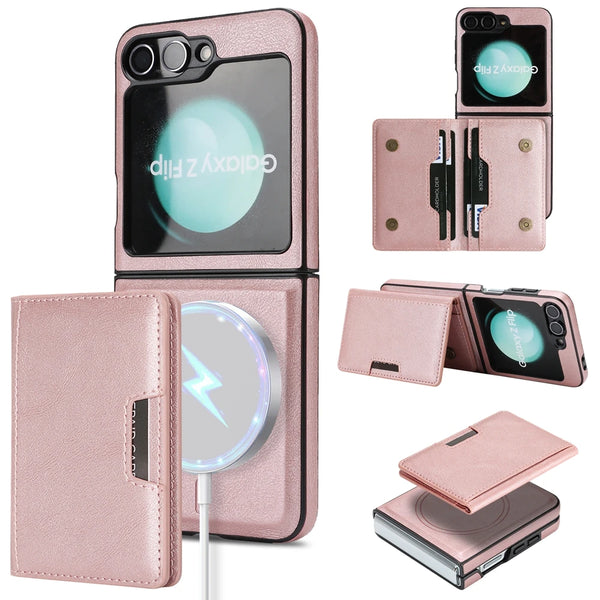 2 In 1 Leather Case For Samsung Galaxy Z Flip 7 6 5 4 3 Flip7 Flip6 Cards Slots Kickstand Wireless Charging Magnetic Phone Cover
