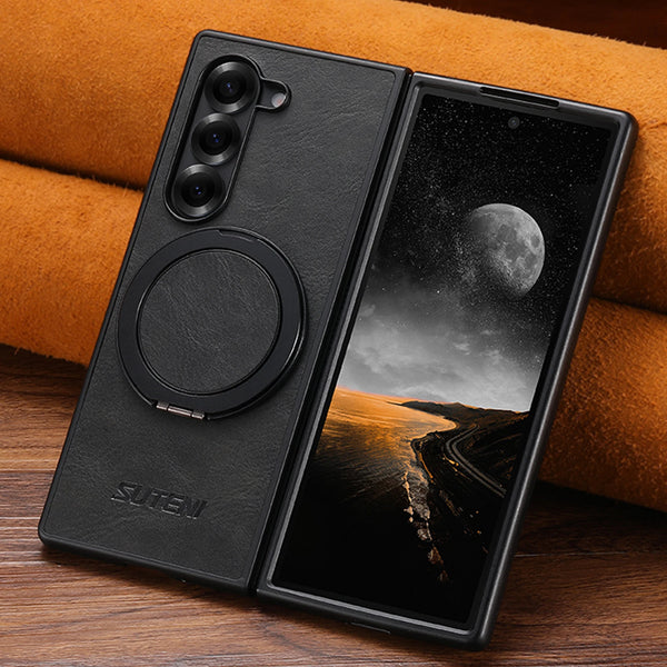 SUTENI Magnet Wireless Charging Phone Case Oil Wax Faux Leather 360° Rotating Stand Buckle For Samsung Galaxy Z Fold 7 6 5