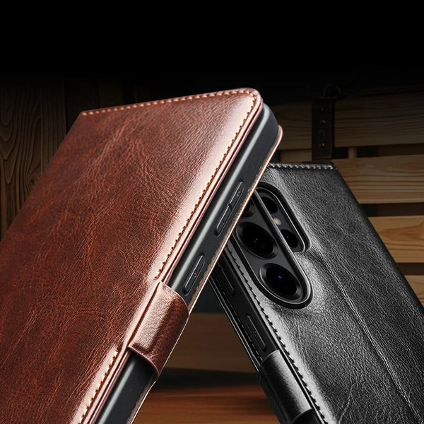 Genuine Leather Phone Case for Samsung Galaxy S26 S25 S24 Ultra Plus, Samsung Galaxy Z Fold 7 6 5 4 & Z Flip 7 6 5 Series, Xiaomi 17 15 Ultra Mi 11 Series & iPhone 17 16 15 14 13 Air Pro Pro Max Series | Luxury Wallet Card Slots magnetic flip back case
