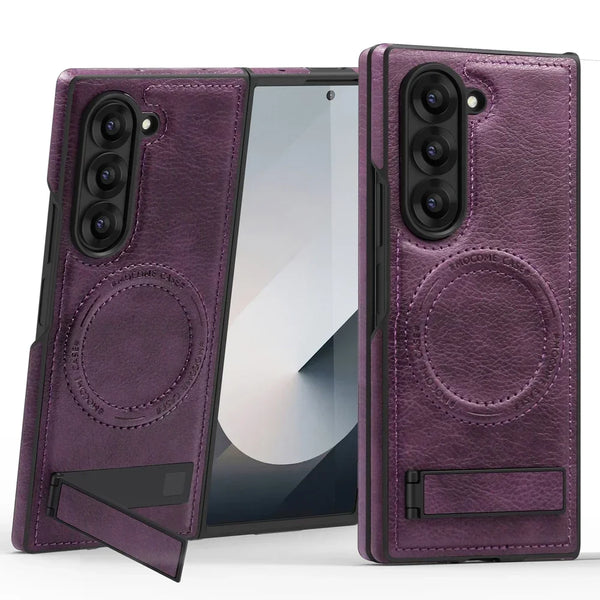 Leather Case For Samsung Galaxy Z Fold 6 5 4 3 Magnetic Fold6 Fold5 Fold4 Fold3 Wrieless Charger Phone Cover WIth Kickstand