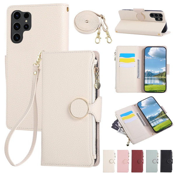 Lanyard Zipper Leather Wallet Case for Samsung Galaxy S25 Ultra Edge S24 Plus S23 FE S22 S25U Kickstand Card Slots Phone Cover