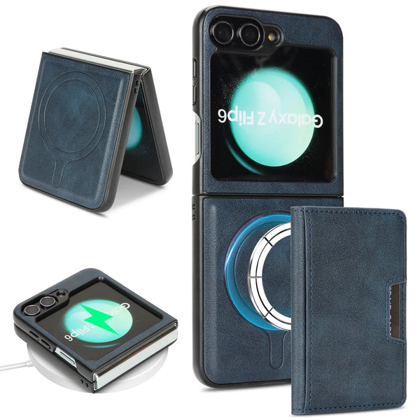 2 in 1 Leather Case For Samsung Galaxy Z Flip 7 6 5 4 3 Fe Flip7 Flip6 Flip5 Wrieless Charging Magnetic Cards Slot Phone Cover