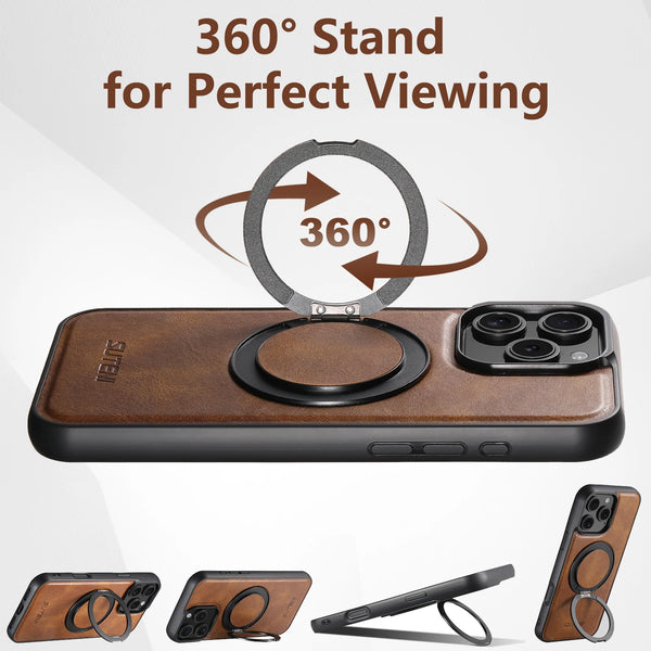 Strong Magnetic Compatible MagSafe Wireless Charging 360° Rotating Ring Stand PU Leather Phone Case For iPhone 17 16 15 14 13 12