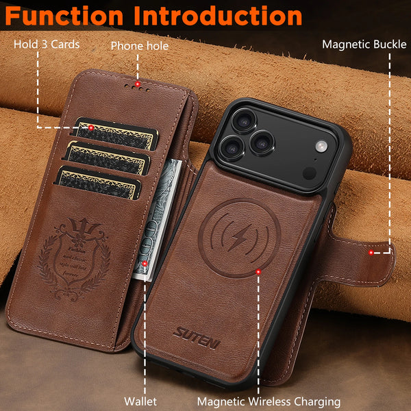 SUTENI Faux Leather Wireless Charging Card Holder Stand Wallet Magnetic Flip Cover Phone Case For iPhone 17 Pro Max 16 Plus 15
