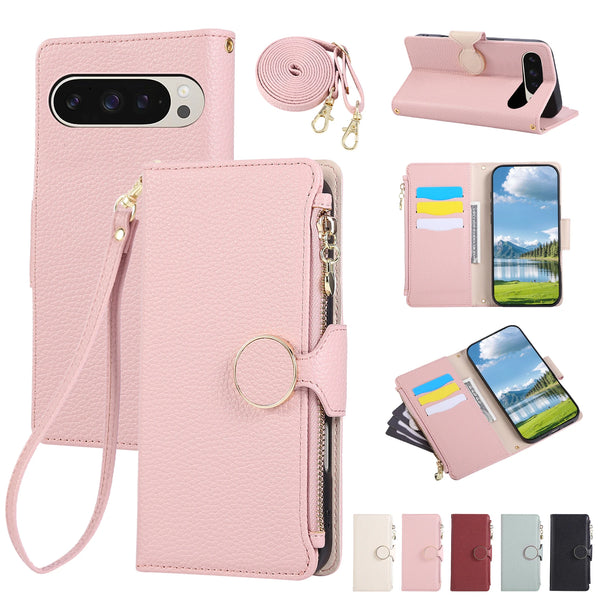 Lanyard Zipper Leather Wallet Case for Google Pixel 10 7 8 9 7A 8A 9A 10Pro 9Pro XL 8Pro 7Pro Pro Cards Cash Pocket Phone Cover