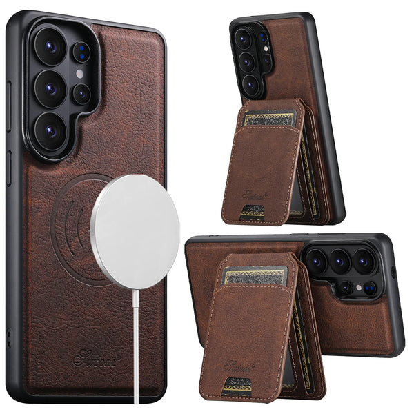 SUTENI Wireless Charging Phone Case Magnet Card Holder Stand Faux Leather For Samsung Galaxy S26 Ultra S25 Plus S24 S23+