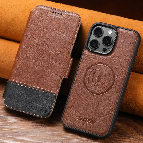 SUTENI Faux Leather Wireless Charging Card Holder Stand Wallet Magnetic Flip Cover Phone Case For iPhone 16 Pro Max 15 Plus 14