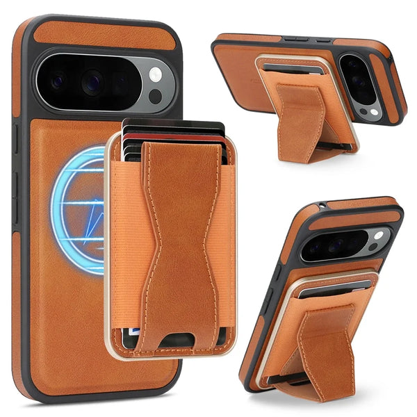 2 in 1 Leather Case For Google Pixel 9 9A 9Pro 10 Pro 10Pro XL Wireless Charging Cards Slots Holder Kickstand Phone Cover