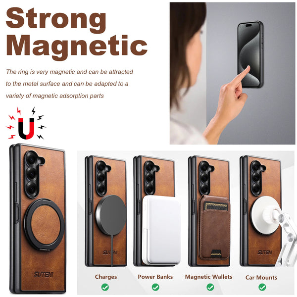 SUTENI Magnet Wireless Charging Phone Case Oil Wax Faux Leather 360° Rotating Stand Buckle For Samsung Galaxy Z Fold 7 6 5