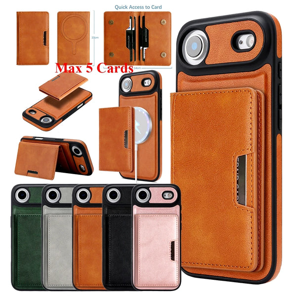 2 In 1 Magsafe Leather Case for IPhone 17 Promax Air 16 Pro Max 15 Plus 14 13 12 Magnetic 5 Cards Slots Holder Phone Cover