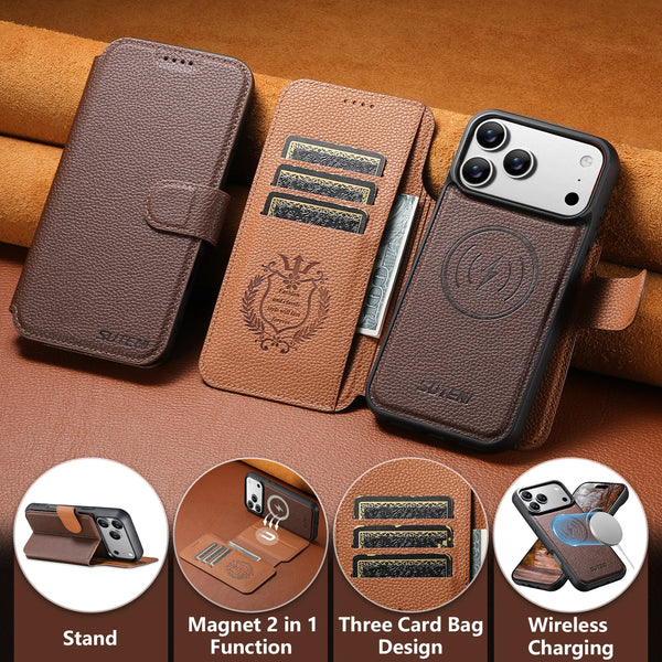 SUTENI Faux Leather Wireless Charging Card Holder Stand Wallet Magnetic Flip Cover Phone Case For iPhone 17 Pro Max 16 15 14 13