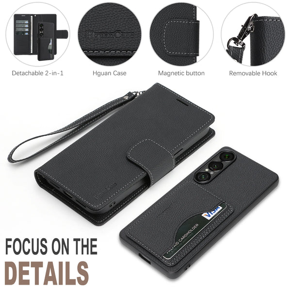 2 in 1 Leather Wallet Case for Sony 10VII 1VII Cash Card Slots Holder Kickstand Phone Cover WIth Hand Strap