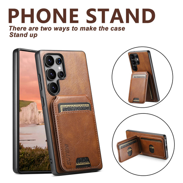 SUTENI Luxury Faux Leather Oil Wax Smooth Surface Phone Case Card Holder Stand For Samsung Galaxy S26 Ultra S25 Plus S24 S23 S22