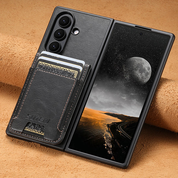 SUTENI Luxury Faux Leather Oil Wax Smooth Surface Phone Case Card Holder Stand For Samsung Galaxy Z Fold 7 6 5