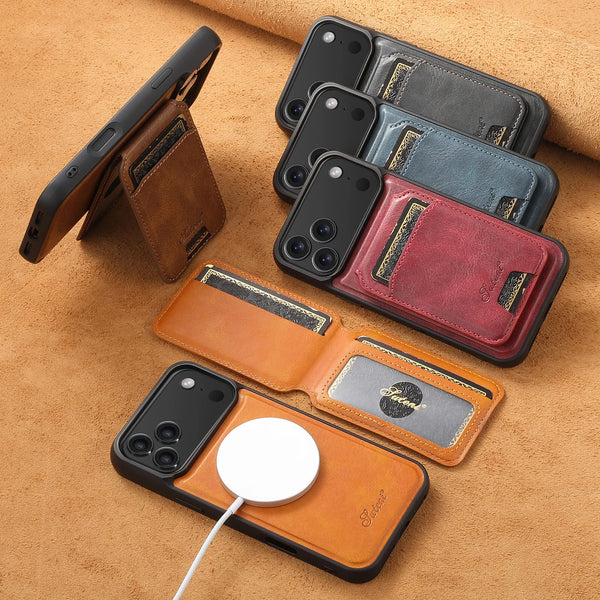 SUTENI Wireless Charging Faux Leather Magnet Card Holder Stand Picture Frame Phone Case For iPhone 17 Pro Max 16 Plus 15 14 13