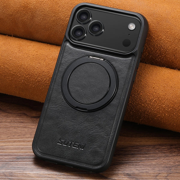 Oil Wax Faux Leather Magnet Wireless Charging Phone Case 360° Rotating Stand Buckle For iPhone 17 Pro Max 16 Plus 15 14 13 12