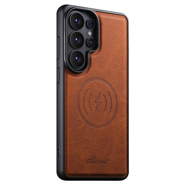 SUTENI Luxury Faux Leather Phone Case Magnet Wireless Charging Frosted Feel For Samsung Galaxy S26 Ultra S25 Plus S24 S23+