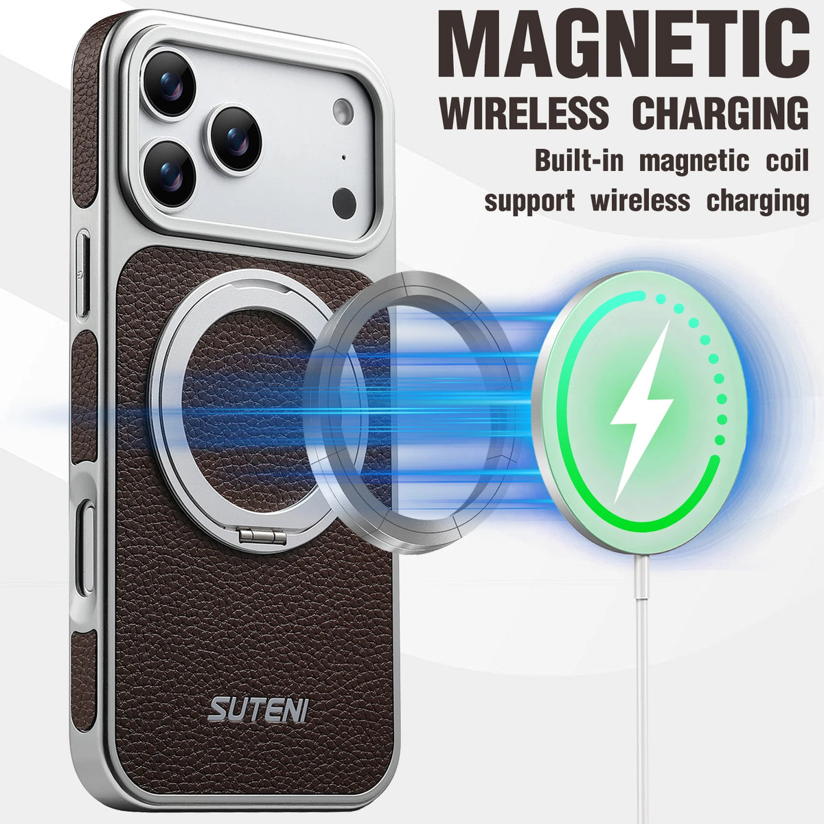 SUTENI Faux Leather Magnet Wireless Charging Phone Case 360° Rotating Stand Ring Buckle Frosted Feel For iPhone 17 Pro Max 16 15
