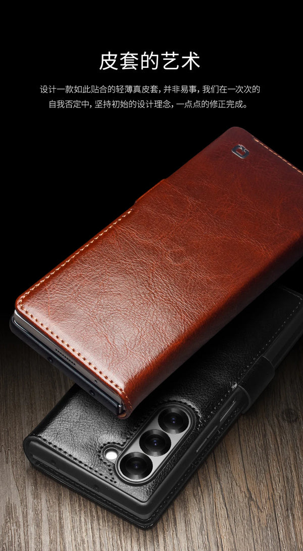 Genuine Leather Phone Case for Samsung Galaxy S26 S25 S24 Ultra Plus, Samsung Galaxy Z Fold 7 6 5 4 & Z Flip 7 6 5 Series, Xiaomi 17 15 Ultra Mi 11 Series & iPhone 17 16 15 14 13 Air Pro Pro Max Series | Luxury Wallet Card Slots magnetic flip back case