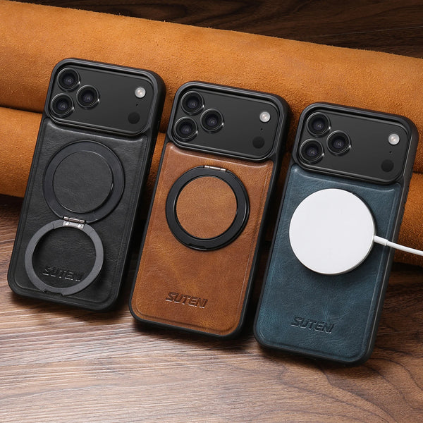 Oil Wax Faux Leather Magnet Wireless Charging Phone Case 360° Rotating Stand Buckle For iPhone 17 Pro Max 16 Plus 15 14 13 12