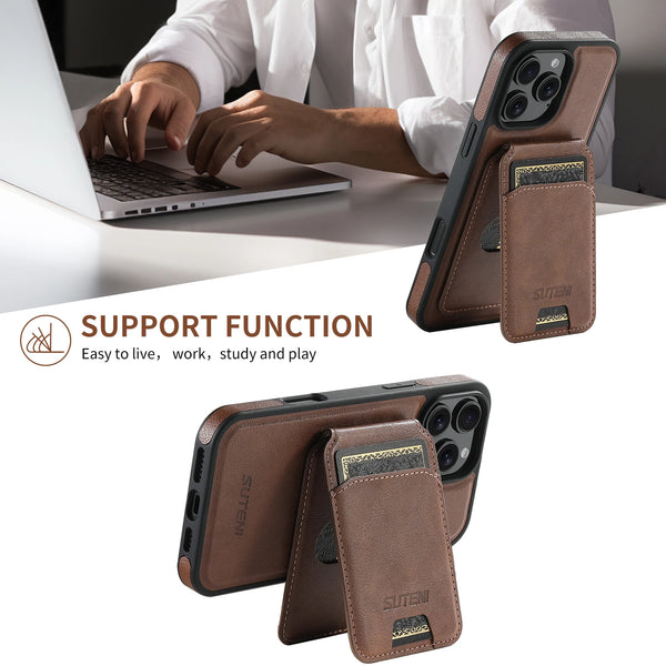 SUTENI Faux Leather Phone Case Wireless Charging Magnet Card Holder Stand Smooth Surface 2-in-1 For 17 Pro Max 16 Plus 15 14 13