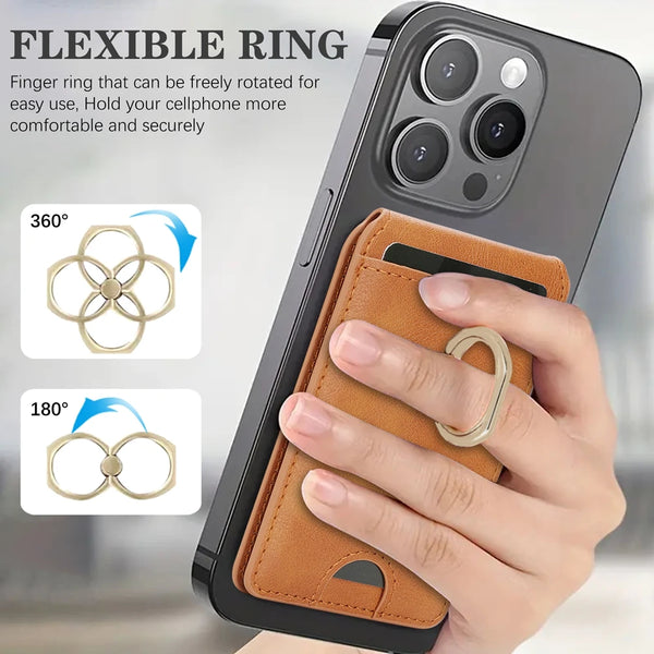 Magnetic Ring Leather Cards Holder Slots For iphone 16 15 14 13 12 Samsung Xiaomi Google Phone Kickstand Cards Bag Cards Pocket