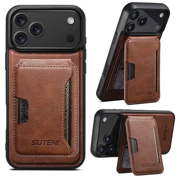 SUTENI 2in1 Magnet Wireless Charging Faux Leather Phone Case Card Holder Bag Stand For iPhone 17 Pro Max 16 Plus 15 14 13 12