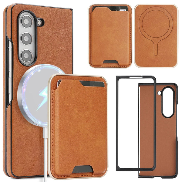 2 in 1 Leather Case for Samsung Galaxy Z Fold 7 6 5 4 3 Fold7 Fold6 Card Slots Holder Wireless Charging Magnetic Phone Cover