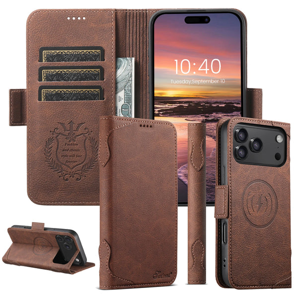 Wireless Charging Faux Leather Card Holder Stand Wallet Magnetic Button Flip Cover Phone Case For iPhone 17 Pro Max 16 15 14 13