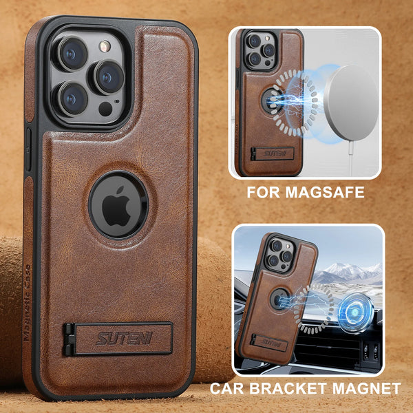 SUTENI Luxury Faux Leather MagSafe Magnetic Wireless Charging Case Stand Phone Case For iPhone 17 Pro Max 16 Plus 15 14 13 12