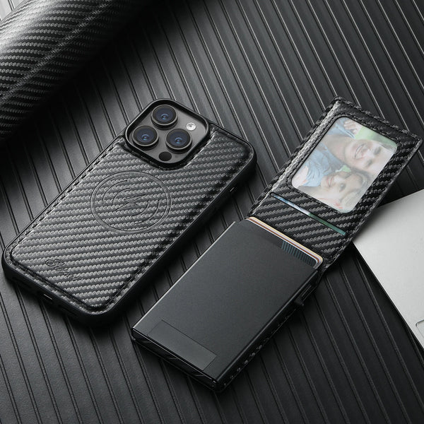 Carbon Fiber Leather 2-in-1 Magnetic Phone Case Card Holder Wallet MagSafe Wireless charging for iPhone 16 Pro Max 15 Plus 13 14