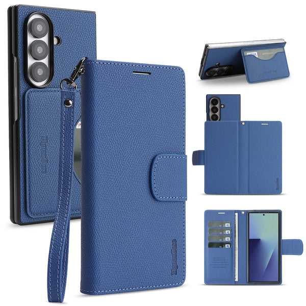 2 in 1 Leather Wallet Case for Samsung Galaxy Z Fold 7 6 5 4 3 Fold7 Fold6 Fold5 Cash Card Slots Phone Cover WIth Hand Strap