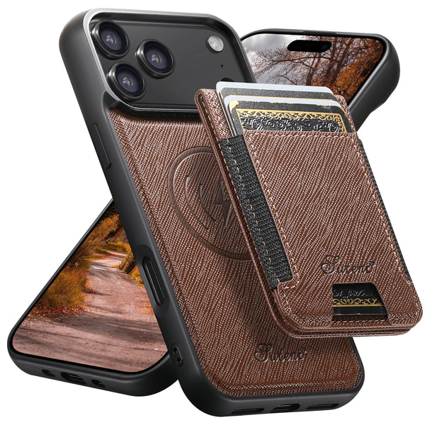 SUTENI Wireless Charging Magnet Phone Case Card Holder Stand Faux Leather For iPhone 17 Pro Max 16 Plus 15 14 13 12