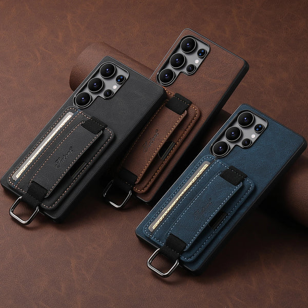 SUTENI PU Leather Phone Case Wrist Strap Ring Buckle Card Holder Stand For Samsung S26Ultra S25Plus S24 S23 S22 Note20