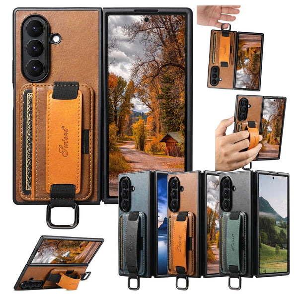 Leather Case For Samsung Galaxy Z Fold 7 6 5 Fold7 Fold6 Fold5 Card Slots Cards Holder Hand Hold Phone Cover