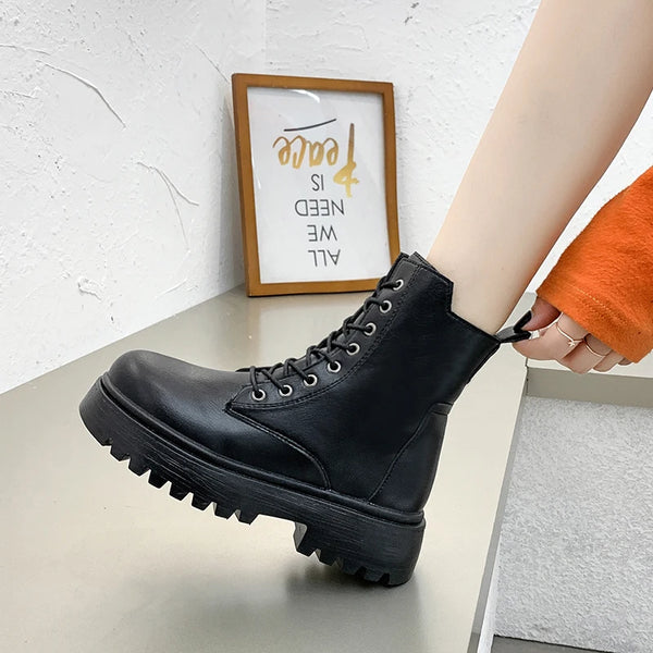 2024 Summer Autumn Women Ankle Boots Classic Beige Black Leather Gothic Punk Shoes Mid Heels Short Combact Boots Platform Shoes