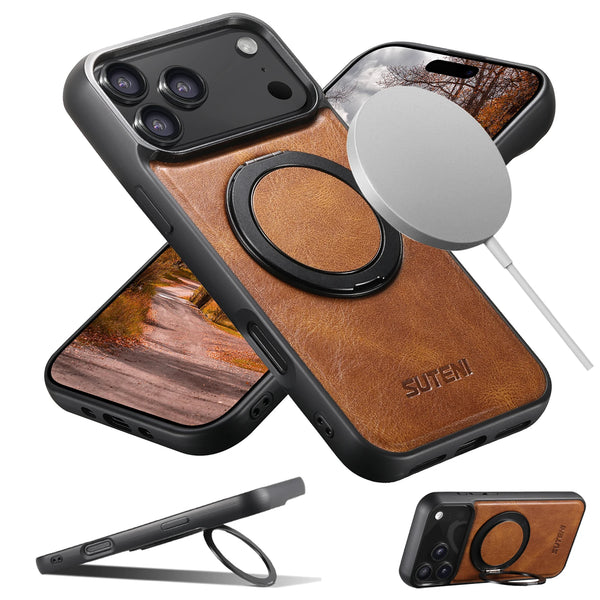 Oil Wax Faux Leather Magnet Wireless Charging Phone Case 360° Rotating Stand Buckle For iPhone 17 Pro Max 16 Plus 15 14 13 12