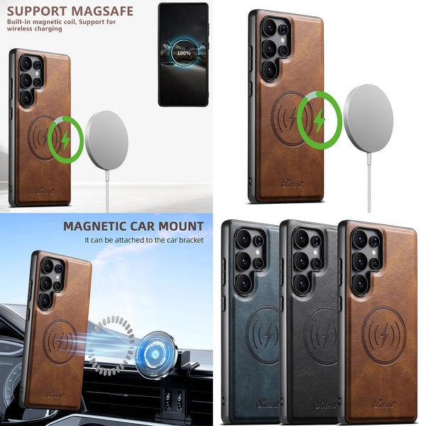 SUTENI Luxury Faux Leather Oil Wax Phone Case Magnet Wireless Charging For Samsung Galaxy S26 Ultra S25 Plus S24 S23 S22 Note20